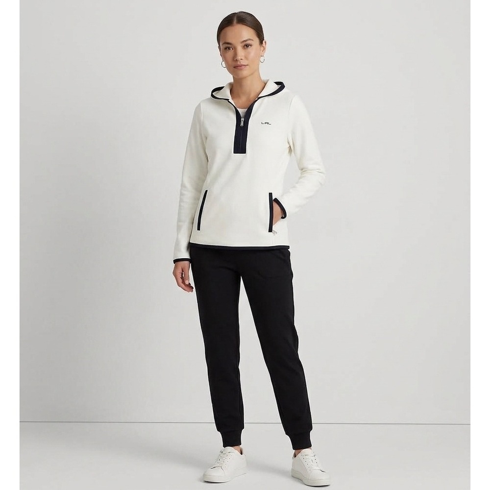 Lauren Ralph Lauren Fleece Hoodie Womens Medium Cream Excellent Navy Trim Zip